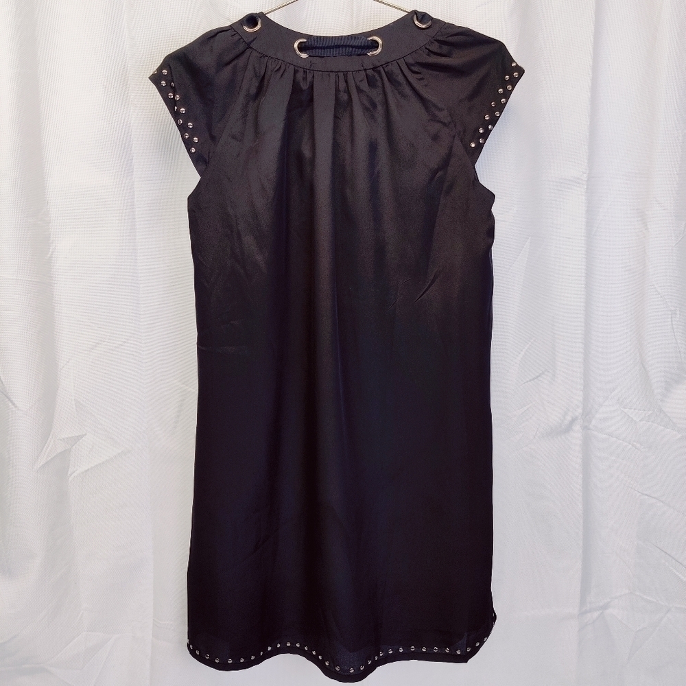 Staccato Black Silky Dress Cap Sleeve Above Knee Laced Tie Bow Collar Studs - Picture 7 of 16